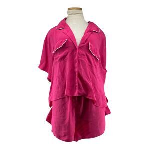 Fantasie by Morgan Taylor Satin Pajama Set L Hot Pink Button Top & Shorts